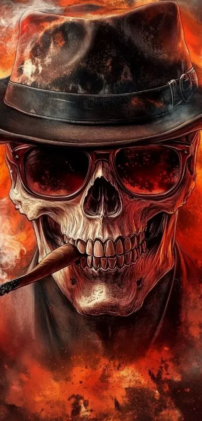 Fiery skull with hat and sunglasses, smoking a cigar.