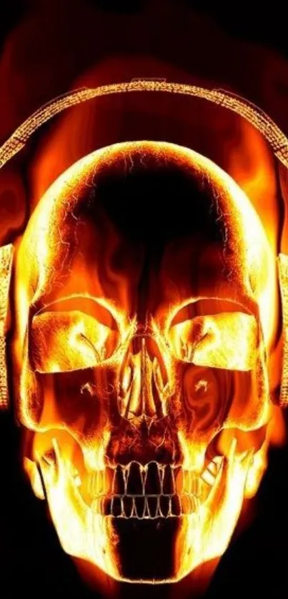 Fiery skull with headphones in vivid orange hues against a black background.