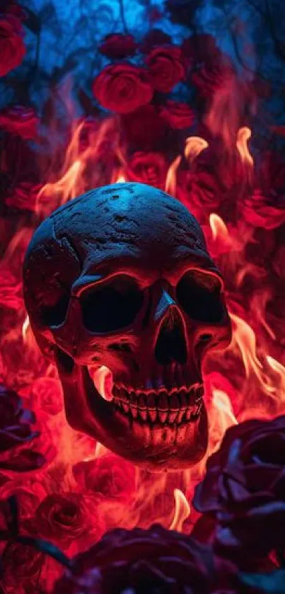 Skull surrounded by red flames and roses.