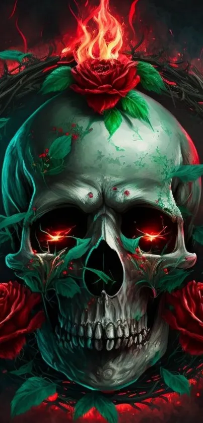 Skull with fiery crown and red roses in dark gothic style.