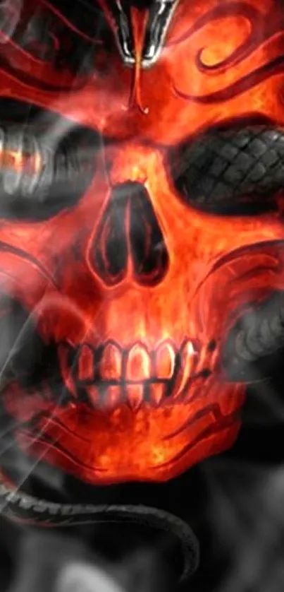 Fiery skull with entwined serpents and smoke in a dark theme.