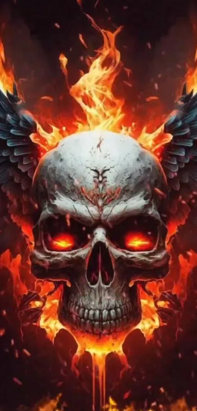 Fiery skull with dark wings and vibrant flames.