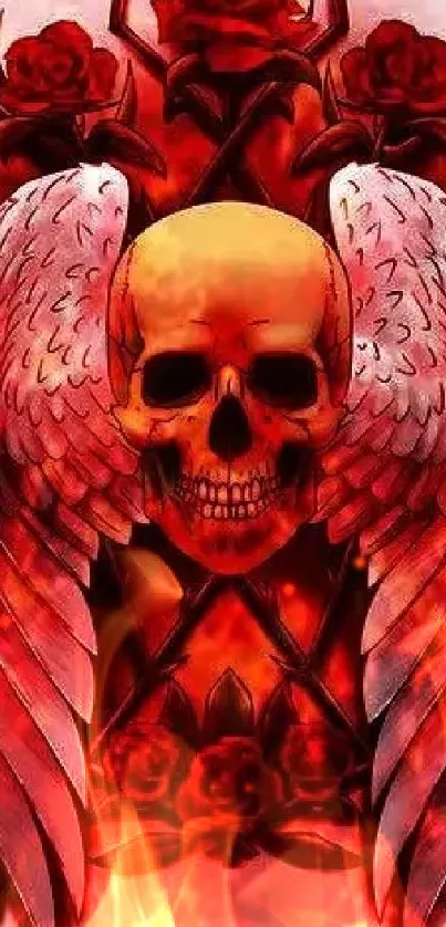 Fiery red skull with wings and roses mobile wallpaper.