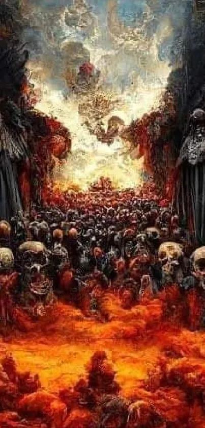 Fiery scene with skulls and angelic figures creating a captivating visual.