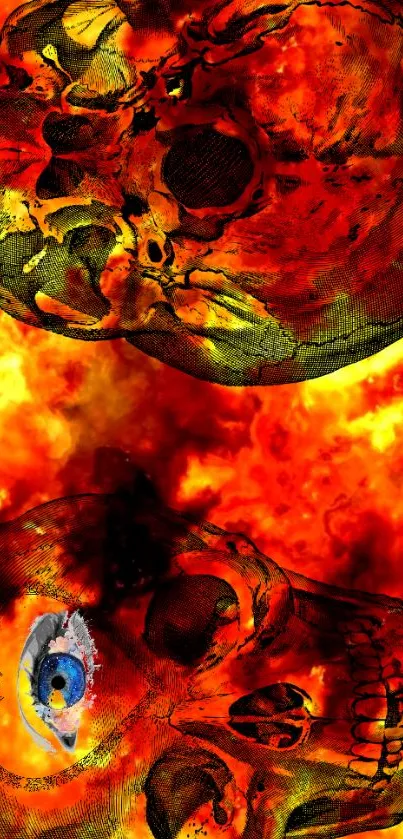 Fiery wallpaper with two artistic skulls.