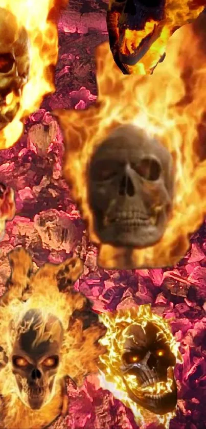 Flaming skulls with intense fiery red embers as a background.