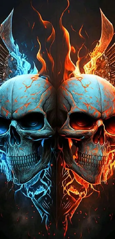 A striking mobile wallpaper with fiery blue and orange skulls.