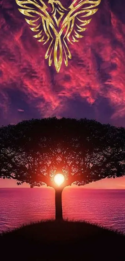 Phoenix above sunset tree wallpaper.