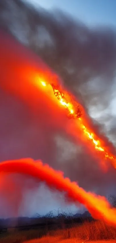 Dramatic fiery sky with smoke and vibrant orange streaks.