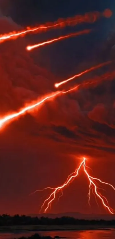 Vivid red lightning under a fiery sky.