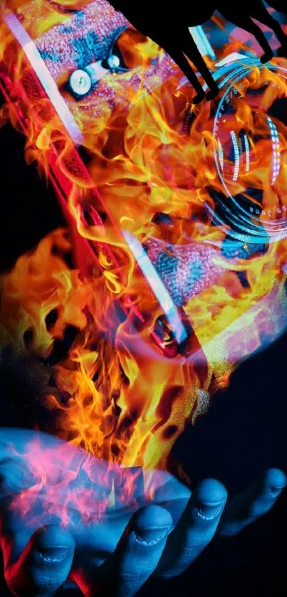 Phone engulfed in vibrant flames creating a fiery art illusion in hand.