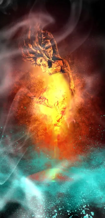 Fiery figure with smoke on colorful background.