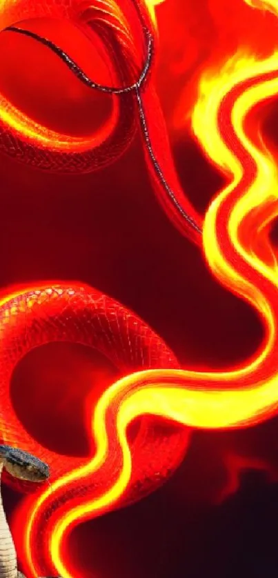 Fiery snake artwork with vibrant red and orange flames on a mobile wallpaper.