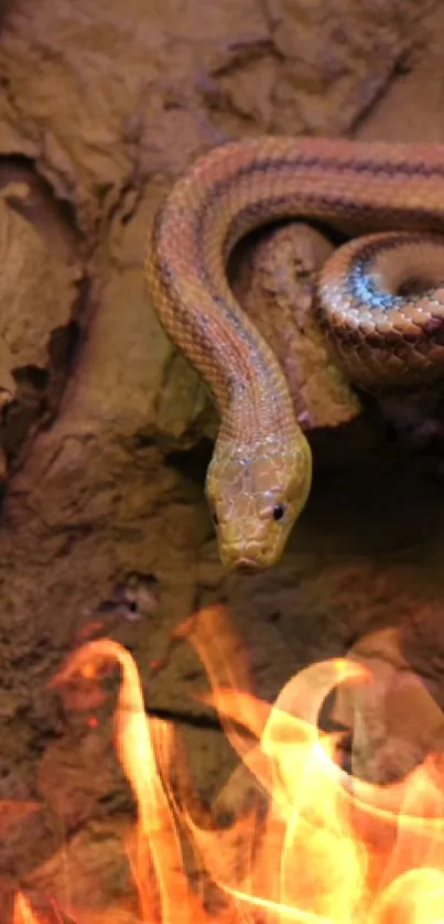 Snake in a fiery desert scene, earthy tones and flames.