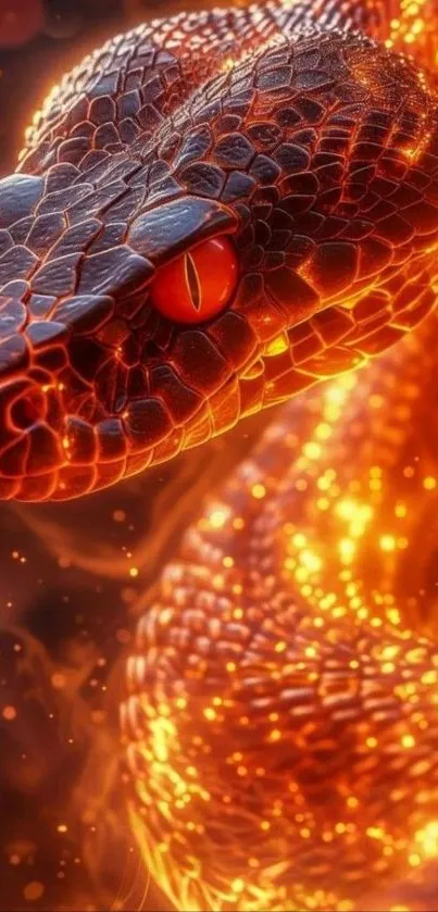 Fiery snake with glowing orange scales and vibrant eyes, perfect for phone wallpaper.