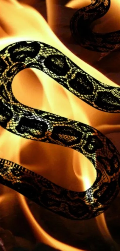 Fiery snake weaving through vibrant flames on mobile wallpaper.