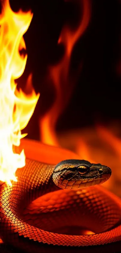 Vibrant snake coiled with flames surrounding it, creating intense imagery.