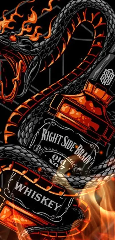 Dark wallpaper featuring a flaming snake around a whiskey bottle.