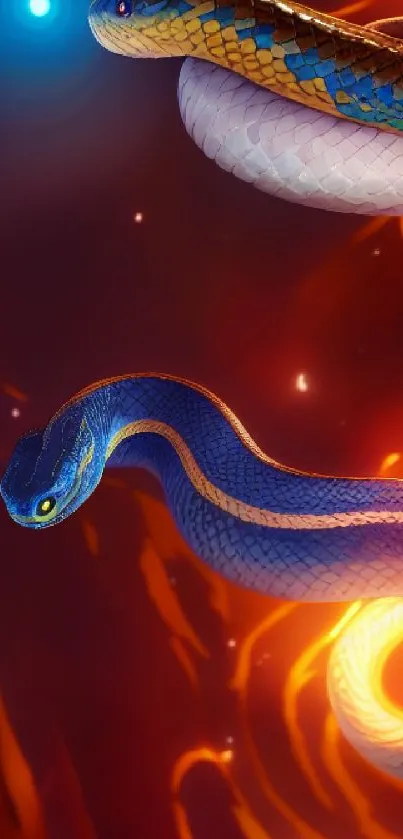 Two colorful snakes on a fiery background.