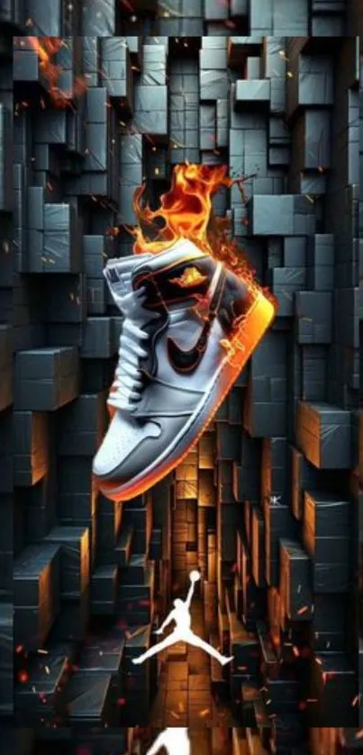 Dynamic sneaker art with flames in a geometric background.