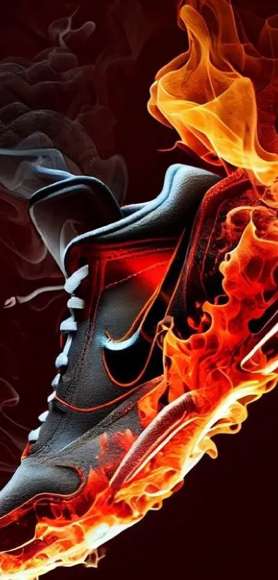 A sneaker engulfed in vibrant flames, showcasing a dynamic and energetic design.