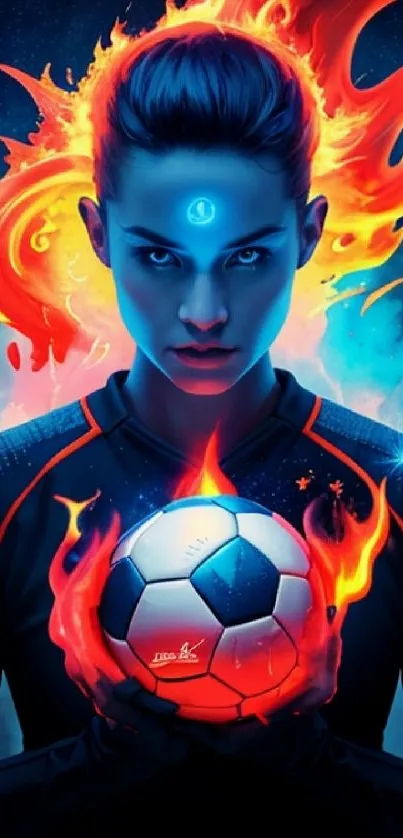 Fiery soccer-themed digital artwork with a flaming ball.