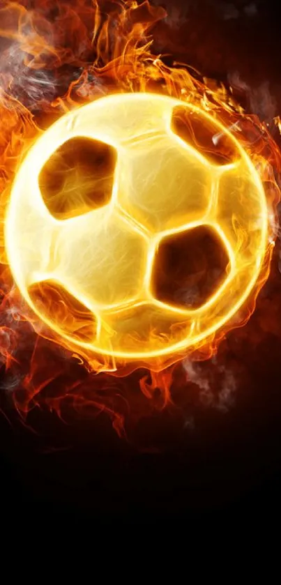 Fiery soccer ball with bright flames against a dark background, vibrant mobile wallpaper.