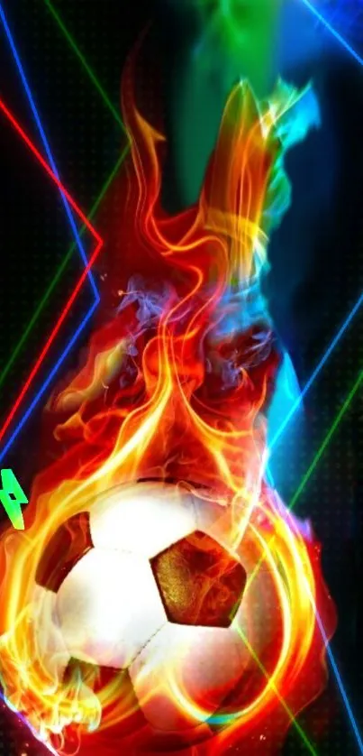 A soccer ball with fiery flames and neon lines on a black background.