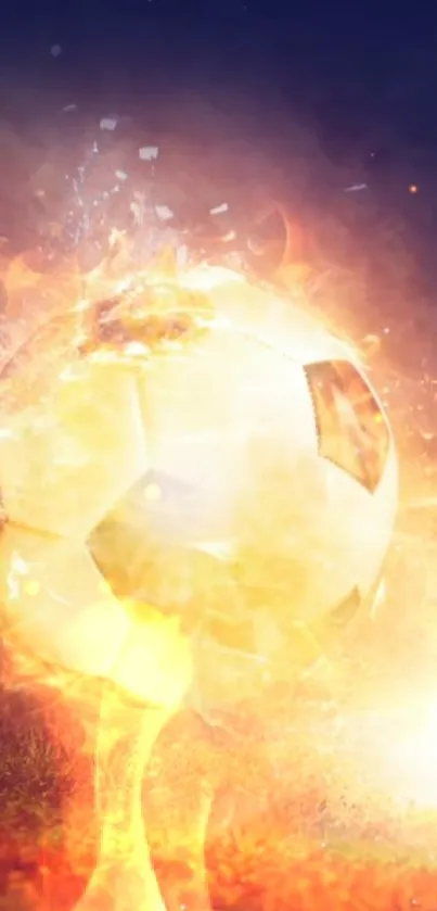 Soccer ball engulfed in fiery flames, creating a dynamic and vibrant mobile wallpaper design.