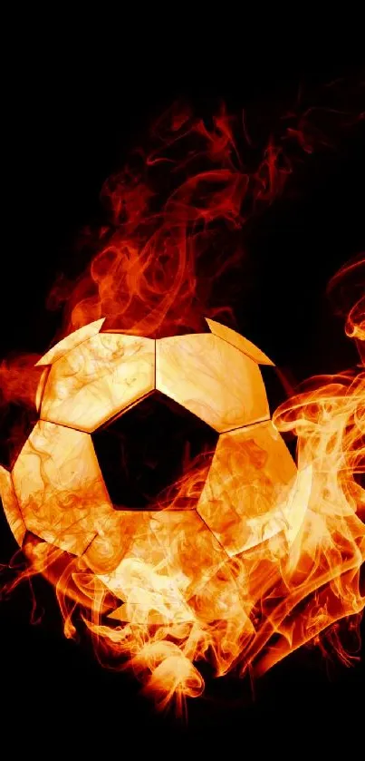 Fiery soccer ball with orange flames against black background.