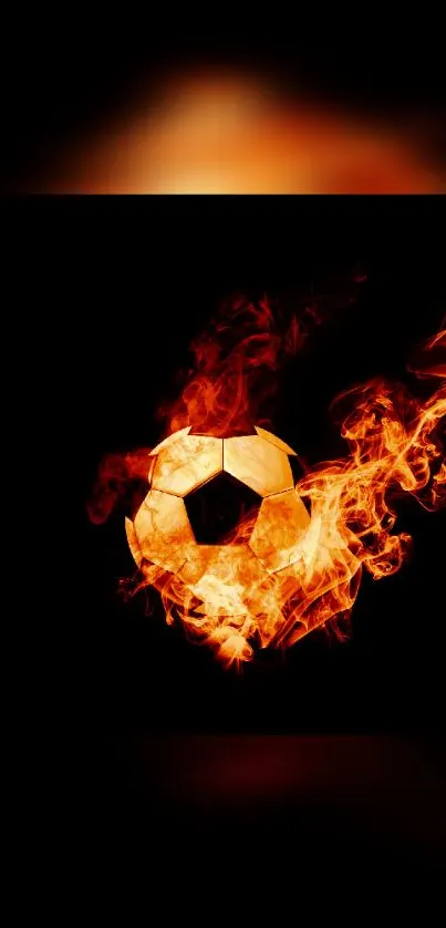 Fiery soccer ball engulfed in flames on black background wallpaper.