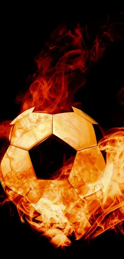 Soccer ball engulfed in vibrant flames against a dark background.