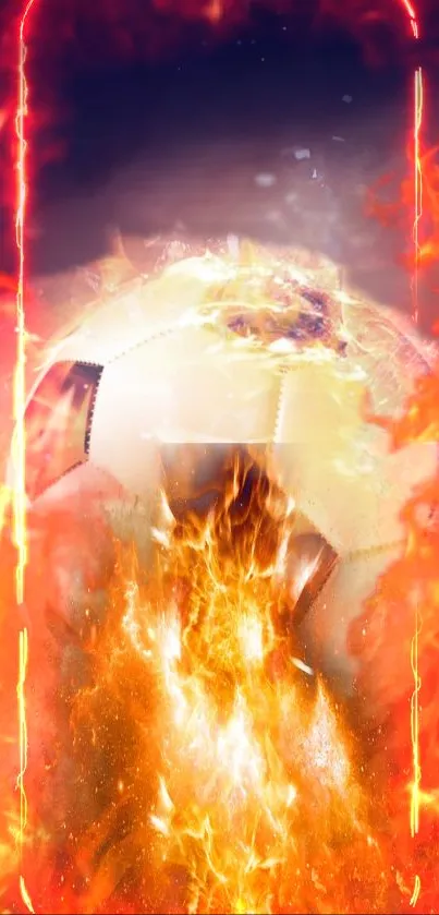 A soccer ball engulfed in vivid flames against a dynamic background.