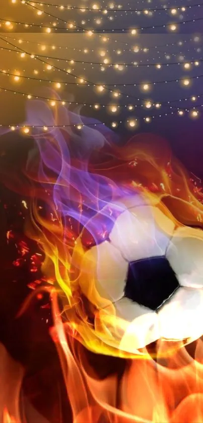 Soccer ball in flames with glowing lights.