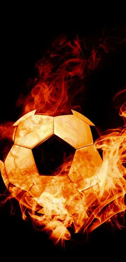 Fiery soccer ball engulfed in flames against a black background.