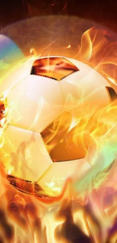 Fiery soccer ball engulfed in colorful flames on a vibrant wallpaper.