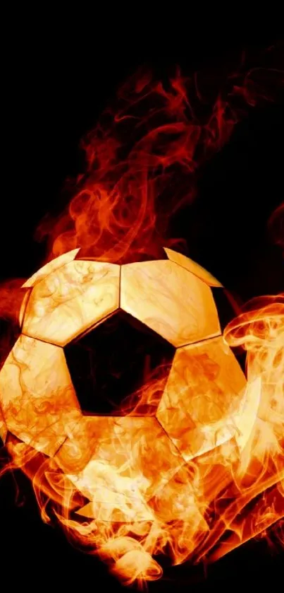 Fiery soccer ball with dynamic flames on black background.