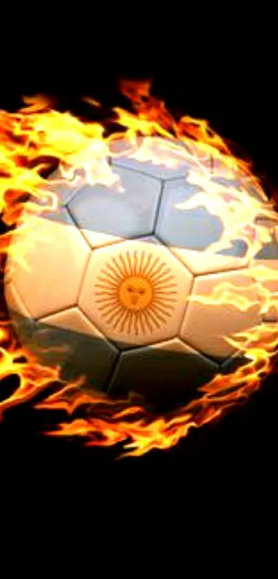 Soccer ball engulfed in flames against black background.