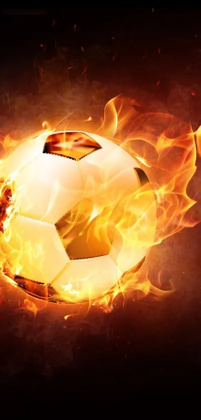 A vibrant soccer ball engulfed in fiery flames on a dark background.