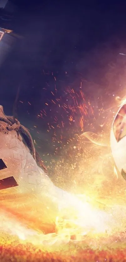 Fiery soccer scene with ball and shoe on fire.