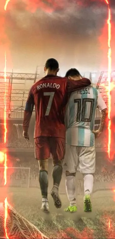 Soccer legends share a moment on the field with a fiery backdrop.