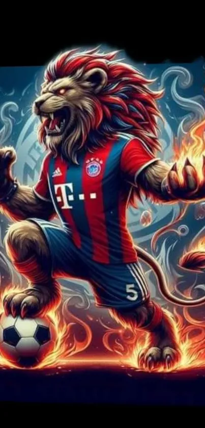 Lion in fiery soccer theme illustrated wallpaper.