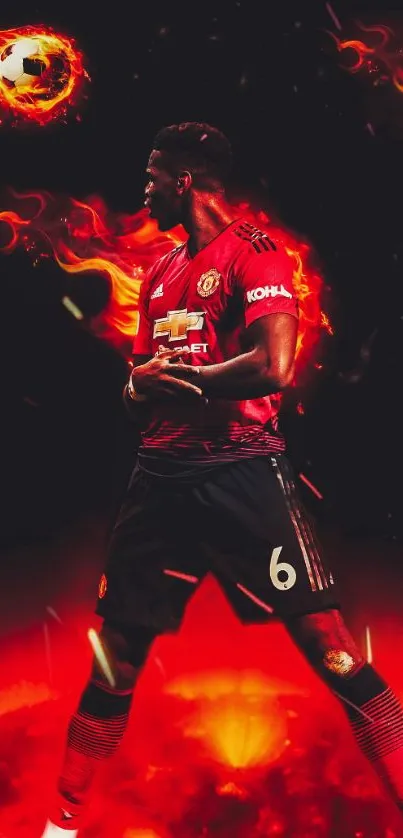 Soccer player with fiery background and dynamic red hues.