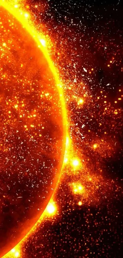 Fiery solar burst wallpaper with vibrant orange and yellow cosmic flames.