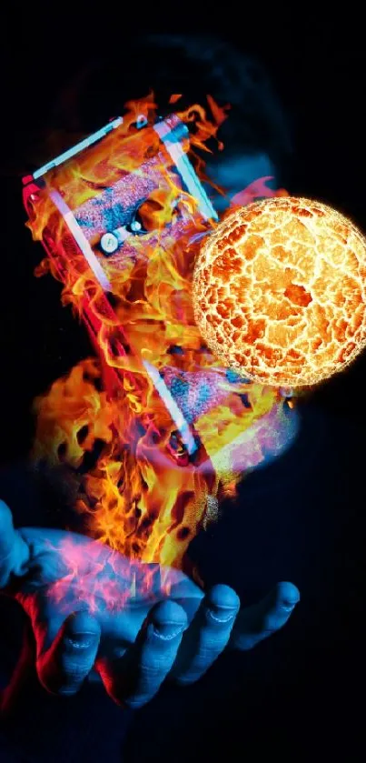 A mobile phone in flames with a fiery sun on a blue background.