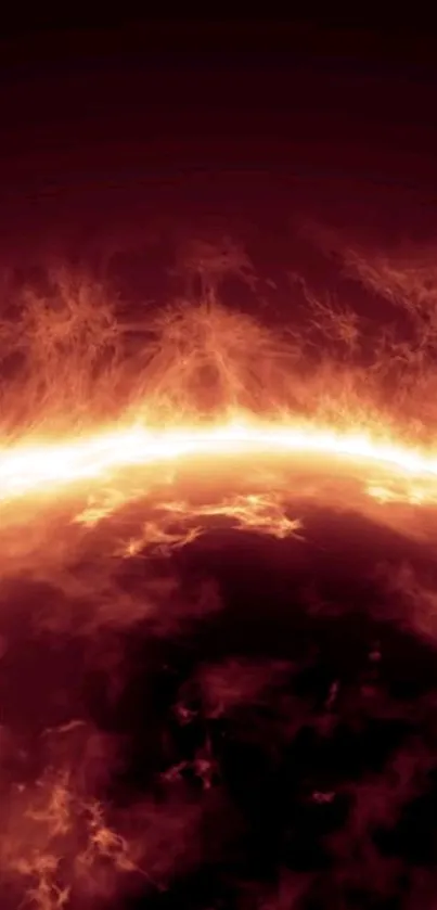 Fiery sun surface with glowing orange flames in space.