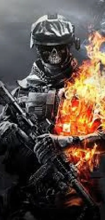 Soldier with flames mobile phone wallpaper.