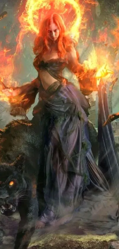 Fantasy art of a fiery sorceress with a black panther in ancient ruins.