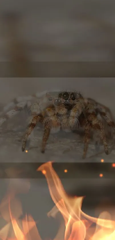 Close-up of a spider with a fiery background on mobile wallpaper.