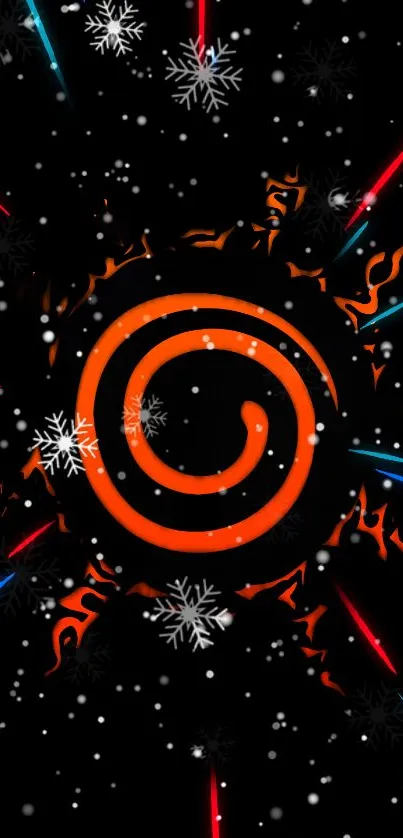 Fiery orange spiral with snowflakes on a dark background.